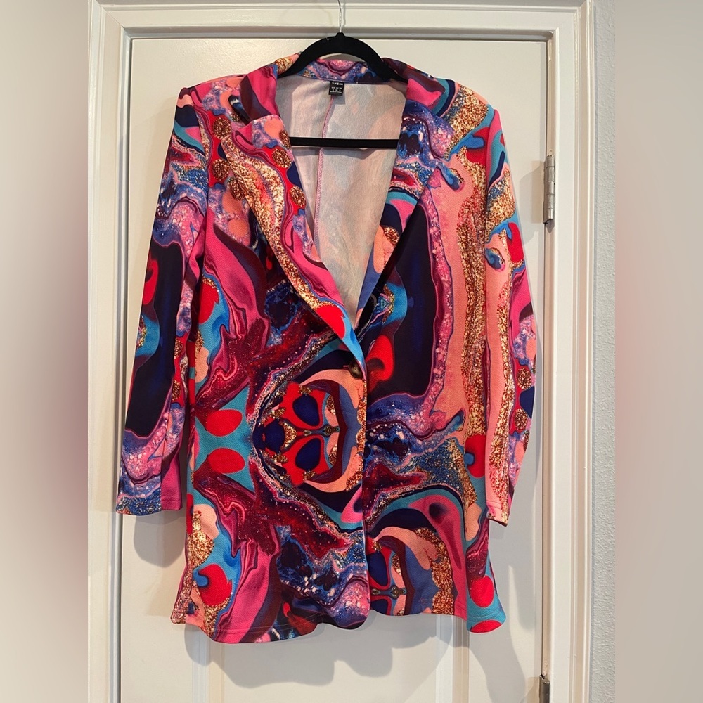 Colorful Open Front Blazer Print Long Sleeve galexy V Neck Suit Jacket